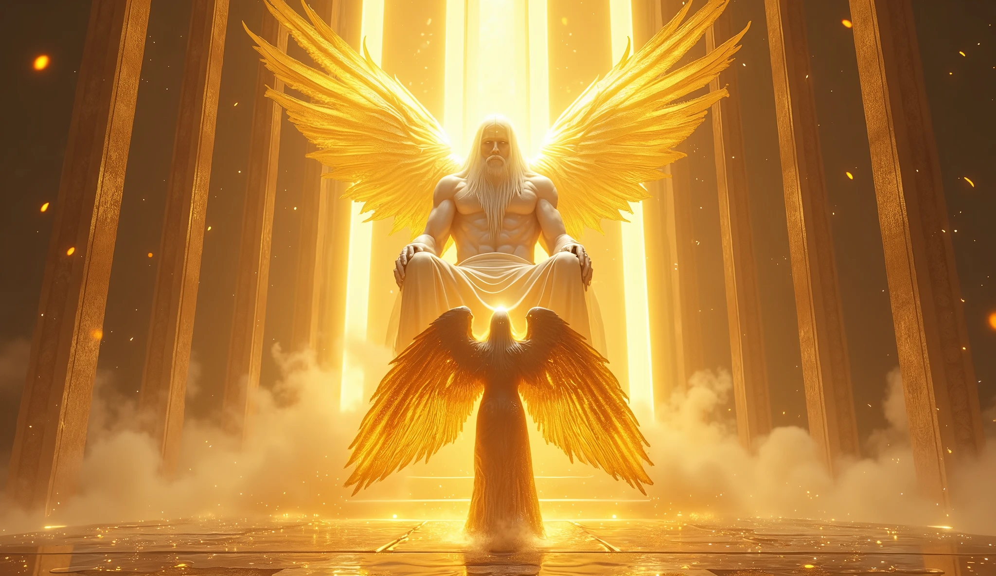 holy paladin, glowing light eyes, glowing golden wingiomechanicals, The colors are very vivid, Light particles, Glowing light angel, wings on angel's back, Mshiv, wallpaper art, ultra HD wallpaper, looking upon a super Gigantic God with light covering God's face, with white hair and white beard, seated on his large golden white thrown, 32K UHD, style raw.