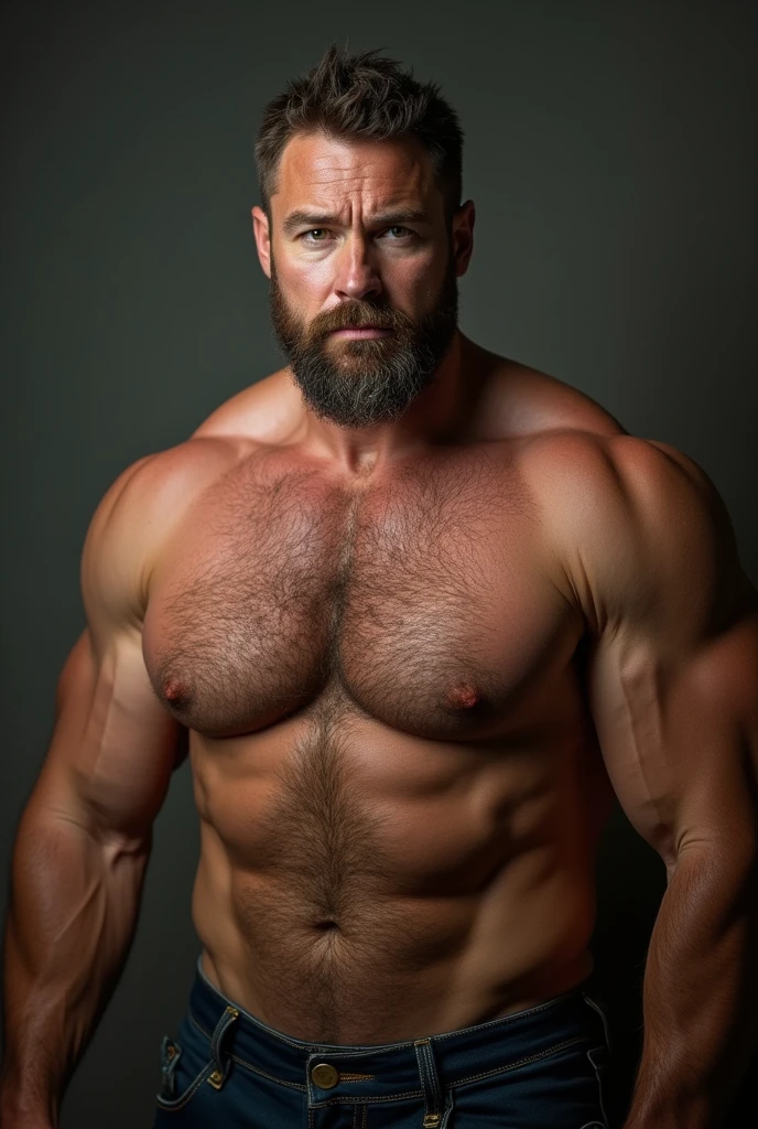 An award-winning original photo, A burly musclebear beefy man, (40 years old daddy:1.1), 1 man, Solo, (wearing Nothing), (big shoulders), musculature, strong physique, hairy, burly and fluffy, stubbles, Short beard, (Detailed body), realistic eyes, deadpan, looking at viewer, deadpan, lighting, (Best quality, A high resolution, Photorealistic), Cinematic lighting, Masterpiece, RAW photo, Intricate details, hdr, depth of field, upper body shot, (realistic:1.4), (from the front), (from below)