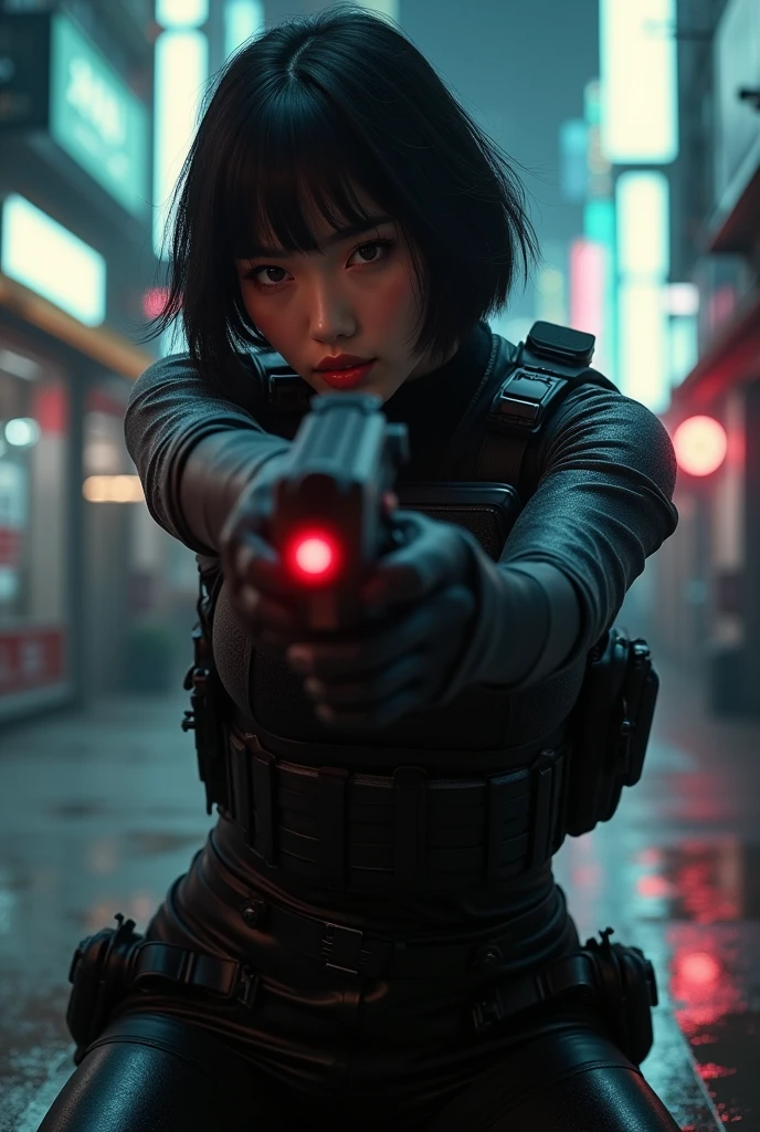 (masterpiece,Distinguished Quality,Mirror-like,Cinematic Experience,insanely detailed,absurdres),8k,wallpaper,,(Best illustrations:2.0),(One Woman:2.0),(Motoko Kusanagi:2.0),(Ghost in the Shell-style worldview:2.0),(Black tactical bodysuit:2.0),(Heavy black bulletproof vest:2.0),(Black gloves:2.0),(Short Bob:2.0),(Beautiful Eyes),(Detailed face),(Detailed female hand drawing:2.0),(sexy:2.0),(He kneels down and aims a pistol at me.:2.0),(Raise your right knee:2.0),(The background is Tokyo, where science and technology have developed.:2.0),(Drawing in monochrome:2.0),(sf:2.0),(A pistol with a laser pointer under the muzzle:2.0),(Point the red laser pointer on your pistol at me:2.0)
