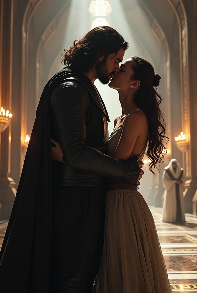 Unmasked Kylo Ren and Rey kissing in an Imperial meeting hall. King dresses in white.