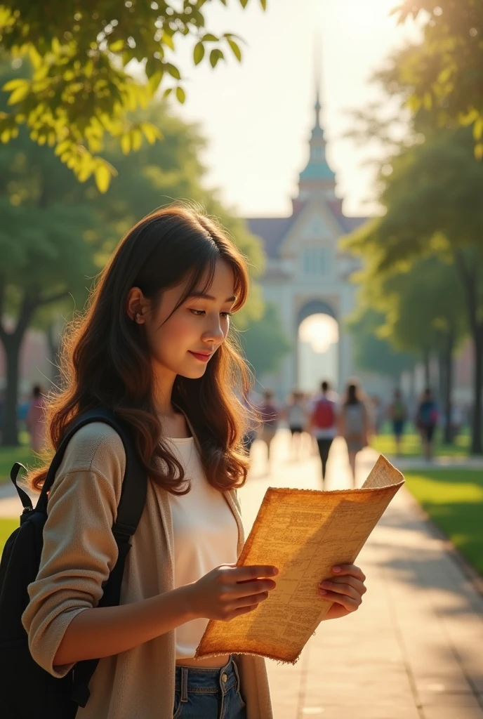 (The scene opens with a panoramic view of Mae Fah Luang University. The lush greenery and majestic buildings are bathed in the soft light of early morning. Students are seen walking in groups, chatting and heading to their classes.) (Cut to a close-up of a student, Maya, a curious and sharp-witted girl in her early twenties, who is looking intently at an old, worn-out map of the university. She walks with a sense of purpose, heading toward the library.) using this seed 1921569215 (Maya) who is main character