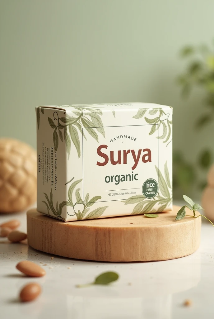 Create a design for soap rectangular box for looking attractive with name surya brand and sub name is handmade, and organic soap by surya
