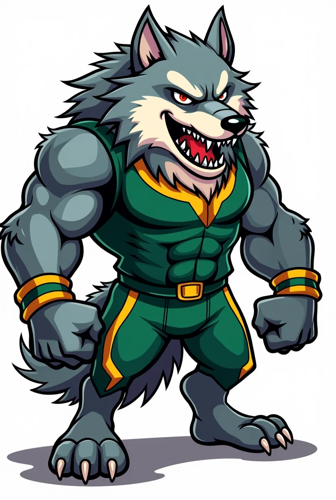 Wolf for college athletic mascot, brawny, big sharp claws, with a confident smile, agressive, with petroleum green clothing with metallic gold details, cartoon style art, in png with nothing in the background