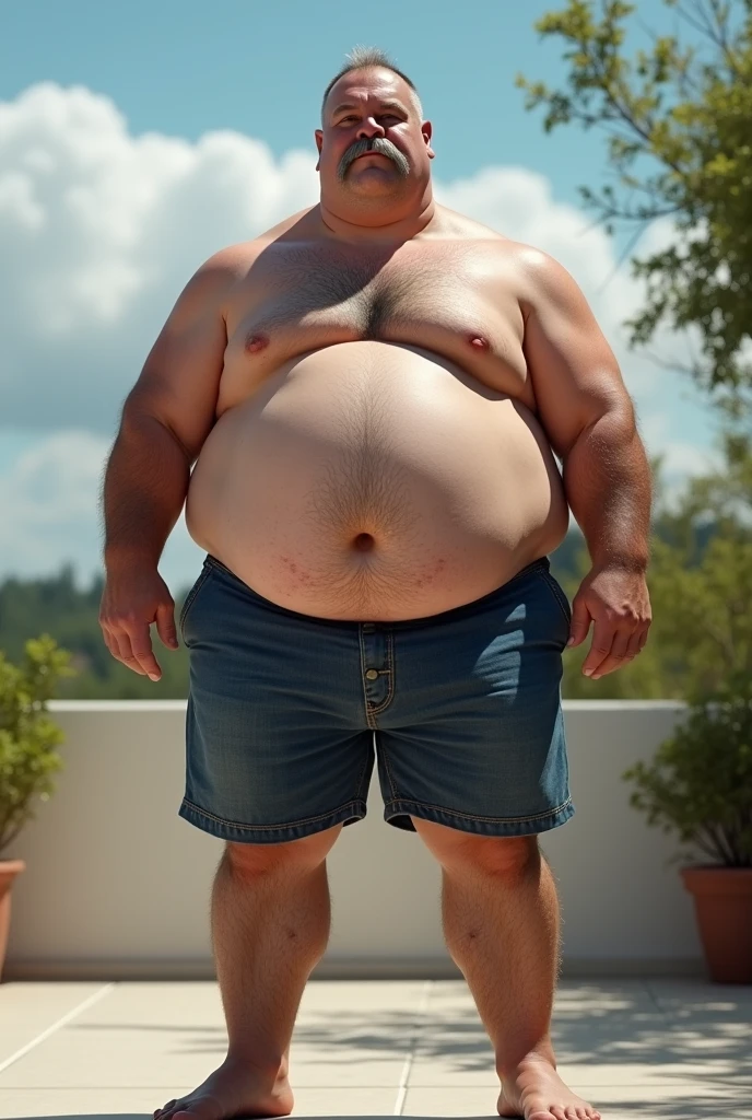 Hyper-realistic very attractive mature muscular handsome fat white man, chubby, fat, obese, huge belly, beefy, thick legs, huge calves, standing, full body, at terrace, grey very short hair, well designed grey mustache, thick mustache, hyper-detailed background, cinematic, uhd, 8k, high resolution, perfect result, best quality, detailed work, wearing a shorts