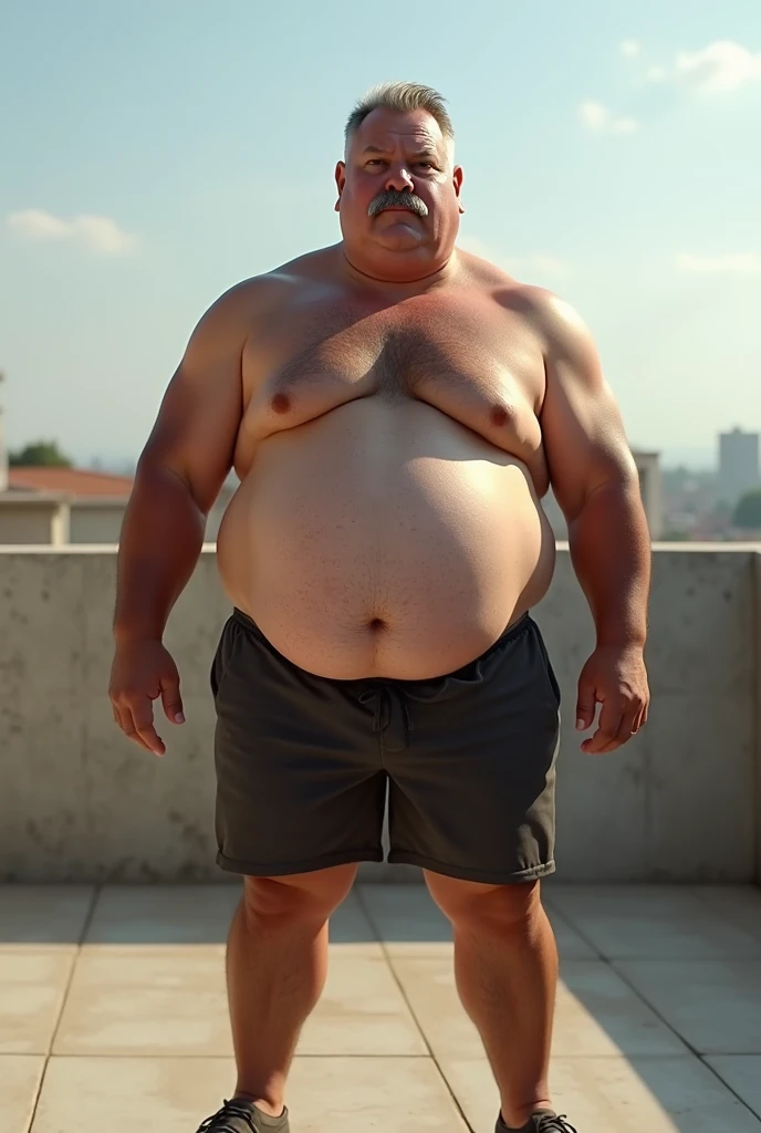 Hyper-realistic very attractive mature muscular handsome fat white man, chubby, fat, obese, huge belly, beefy, thick legs, huge calves, standing, full body, at terrace, grey very short hair, well designed grey mustache, thick mustache, hyper-detailed background, cinematic, uhd, 8k, high resolution, perfect result, best quality, detailed work, wearing a shorts