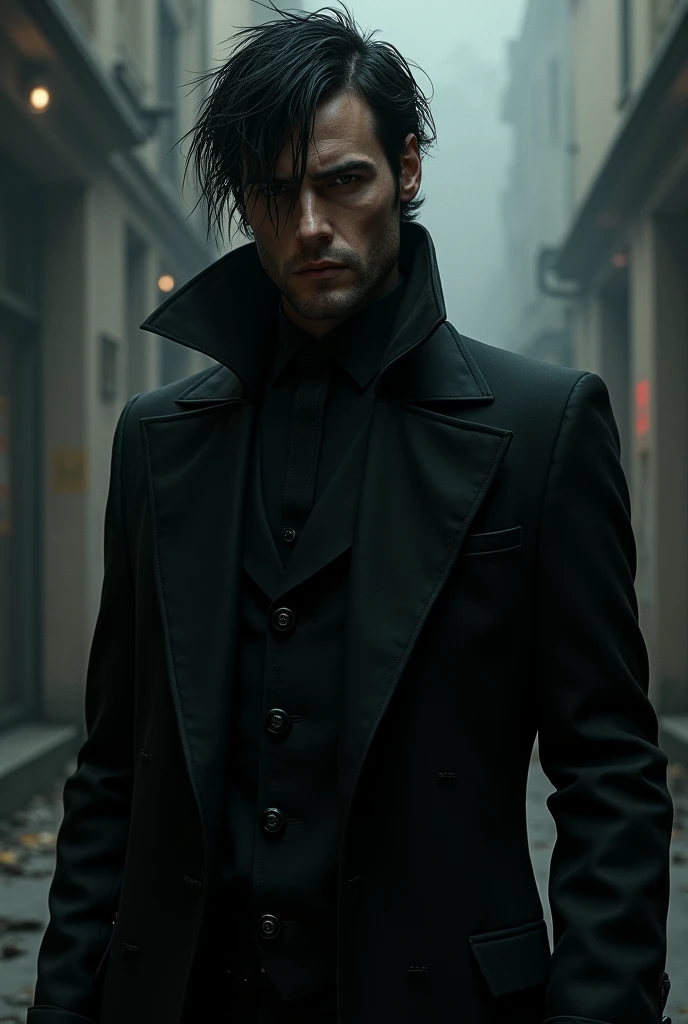 Create a male character with messy black hair and wearing a black overcoat .