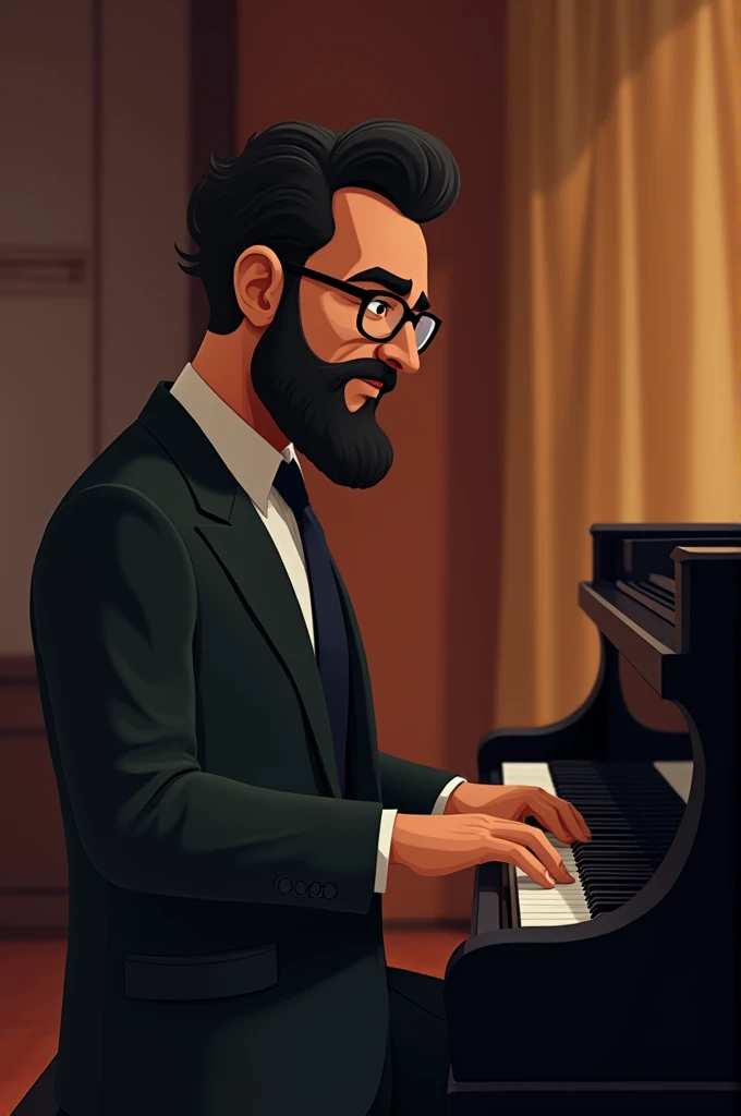 Dark-skinned, slightly overweight, elegant, bearded man with glasses and not so dark hair, playing the piano, animated version