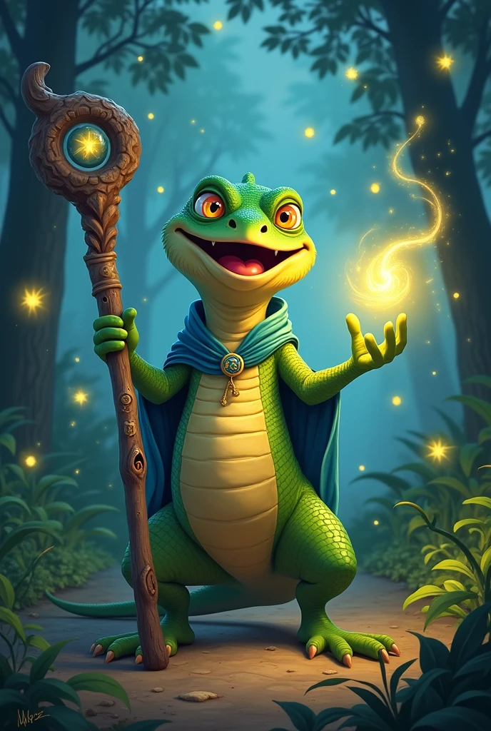 Smiling Lizard Wizard ,with a staff in his hands and fireflies around him
