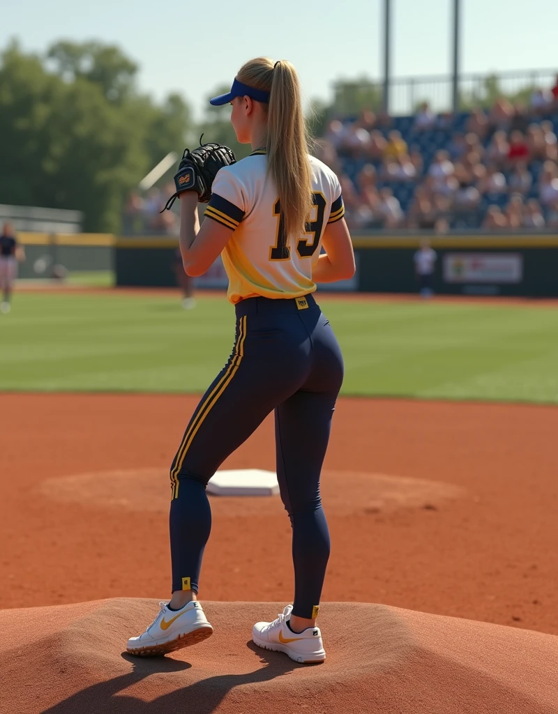 captured from behind, most beautiful 16yo girl, softball player, beautiful detailed face, beautiful detailed eyes, dirty-blonde-with-highlights hair in a ponytail, excellent female figure, very tightly-fitted jersey top, very tightly-fitted booty-hugging softball jersey pants, ((large round perfect sexy ass, thicc toned thighs)), very narrow very fit stomach, medium natural breasts, standing on the pitcher mound, softball field, leaning forward looking at the catcher for a sign, glove up with hand palming the ball preparing to pitch, teammates in the field, surrounded by fans in the bleachers, opposing team batter at the plate, home dugout occupied by players, (masterpiece, highres, 8k,ultra-detailed, best quality:1.2), (photorealistic,photo-realistic,realistic:1.2), (associated press, award winning, sports action, close up, cover, natural lighting, natural shadow, best depth of field, bokeh, impeccable timing:1.2), (physically-based rendering, anatomically perfect:1.2)