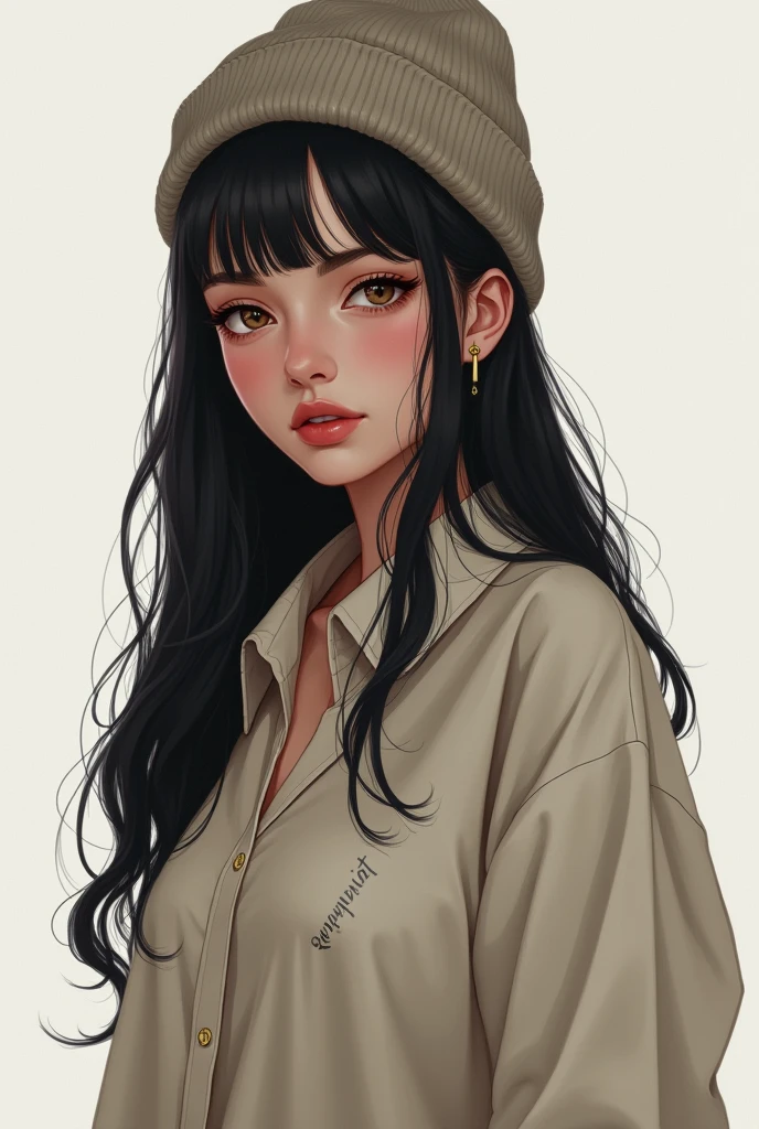 1gIrl, naked solo, long haIr, black haIr, wrItten clothes, Ojos cafés, lookIng at the vIewer, beanIe, lIps, Parte superior del cuerpo, boca cerrada, shIrt, earrIngs, https://I.postImg.cc/tCDfNDvp/Captura de pantalla-20230606-212445.PNG