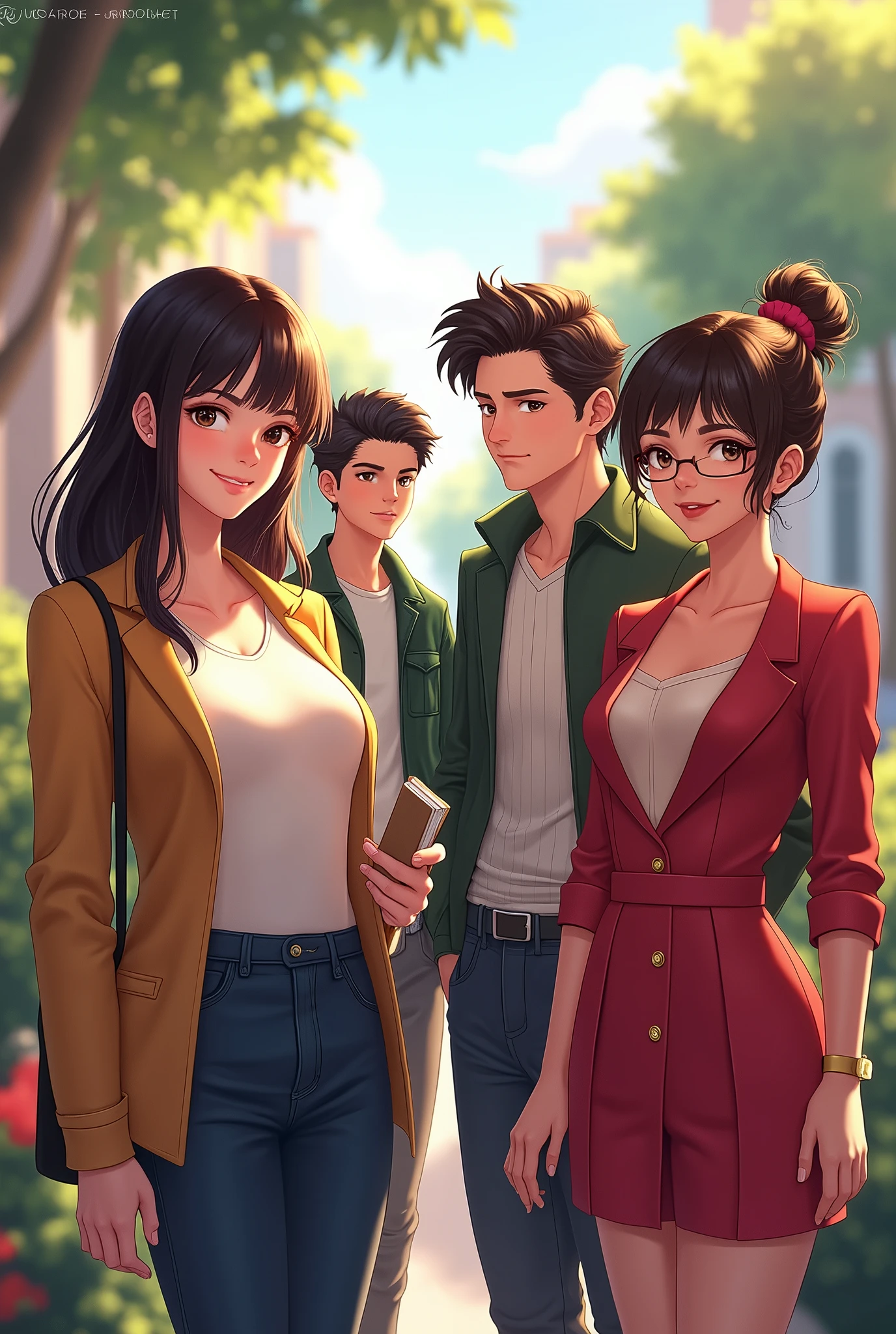 Untuk menggunakan AI seperti Craiyon, kamu bisa mengirimkan deskripsi singkat berikut:
"Draw a scene with four characters:
1. **Calla**: On the left or middle left, with an oval face, fair skin, large dark brown eyes, long straight dark brown hair. She's wearing elegant yet casual clothing, holding a small book or notes, with a warm and gentle expression.
2. **Ren**: On the left or middle right, with a relaxed appearance, slightly messy hair, and casual attire. He's smiling cheerfully or playfully.
3. **Afnan**: In the middle or on the right, with a serious or slightly frowning expression, short well-groomed hair, and semi-formal or formal clothing.
4. **Rosa**: On the right, with a glamorous outfit and tied-back hair, showing a slight scowl or irritation.
Set them in a campus or café environment, with interactions reflecting their relationships."