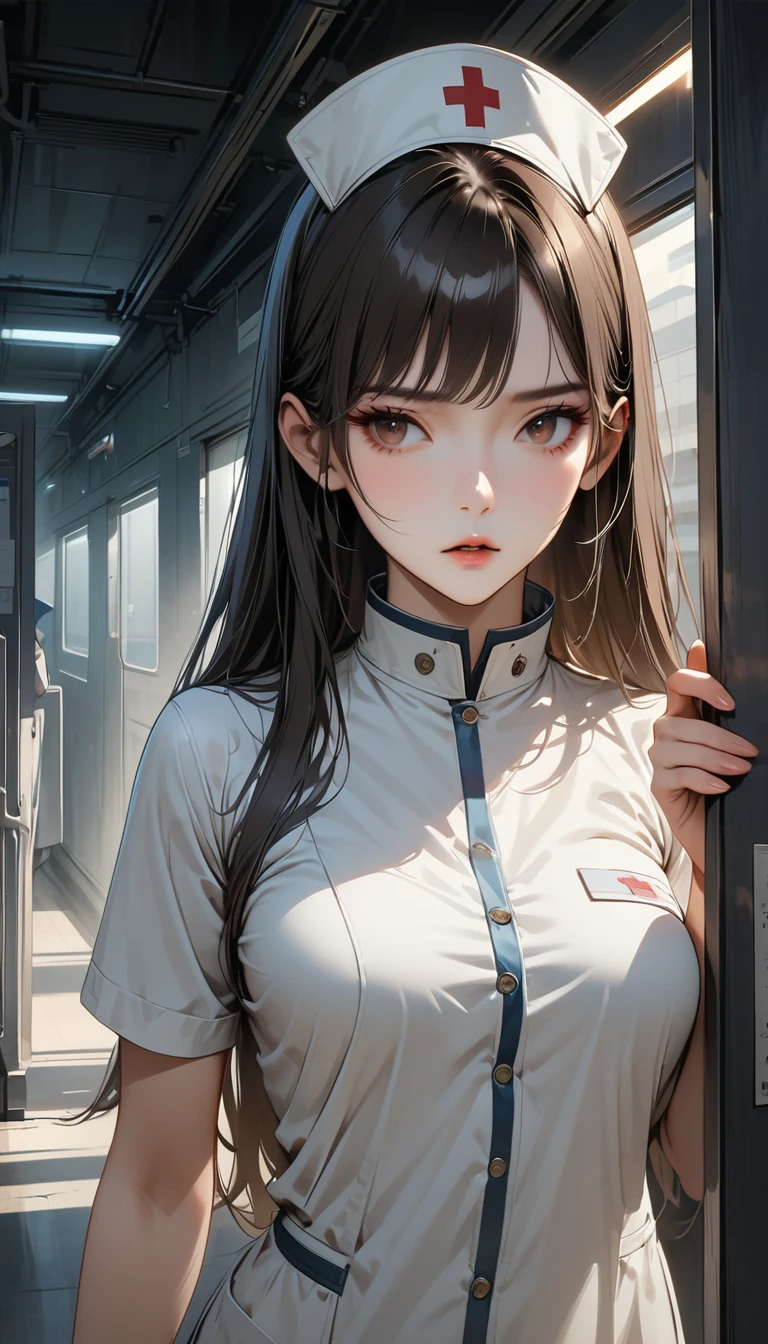 (masterpiece,top quality,high resolution,ultra detailed,ultra high definition,precise,high detail,very detailed,Perfect Fingers,Anatomically correct,ultra fine illustration,official art,HD,8k,16k 1.4),1girl,Patrol nightworking,detailed face,long straight brown hair,long sidelocks,beautiful detailed brown eyes,perfect female body,glowing skin,tight pale white detailed nurse clothes,highly detailed hospital scene,shadowing face,in Darkness,corridor,windows,looking away, be frightened,wide shot,