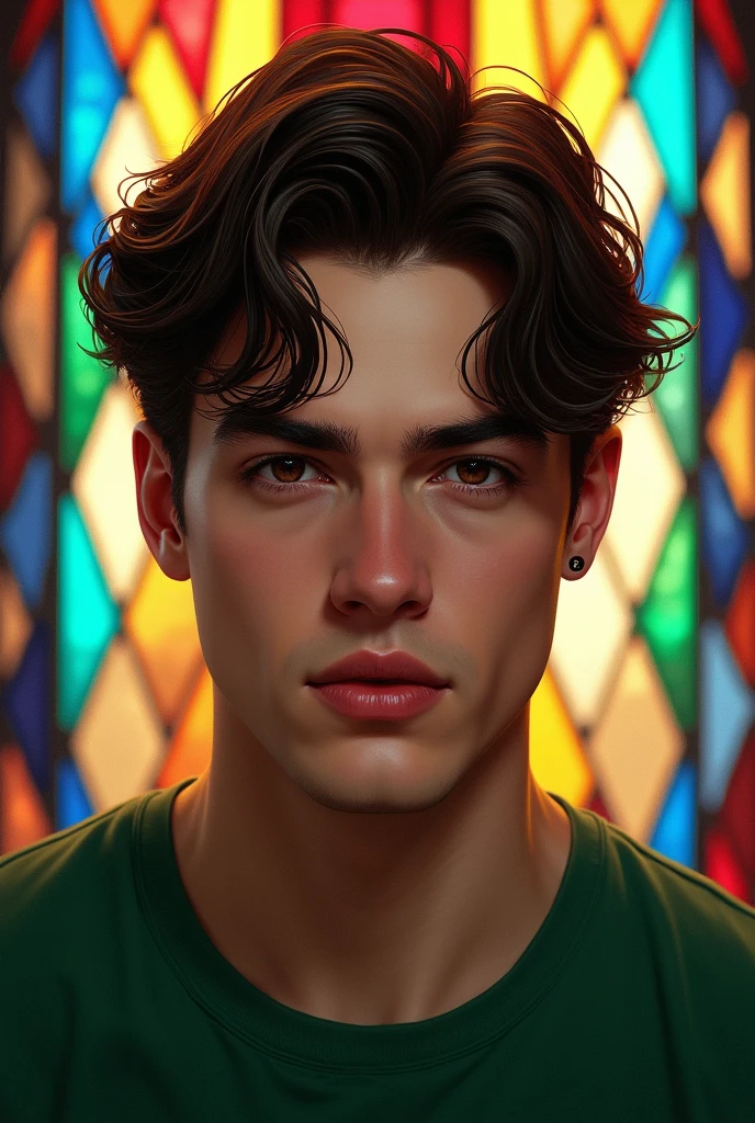 1man, green top, dark brown hair, stained glass, brilliant colors, masterpiece, best quality, detailed eyes, detailed lips, detailed clothes, (black eyes: 1.2), very realistic face,