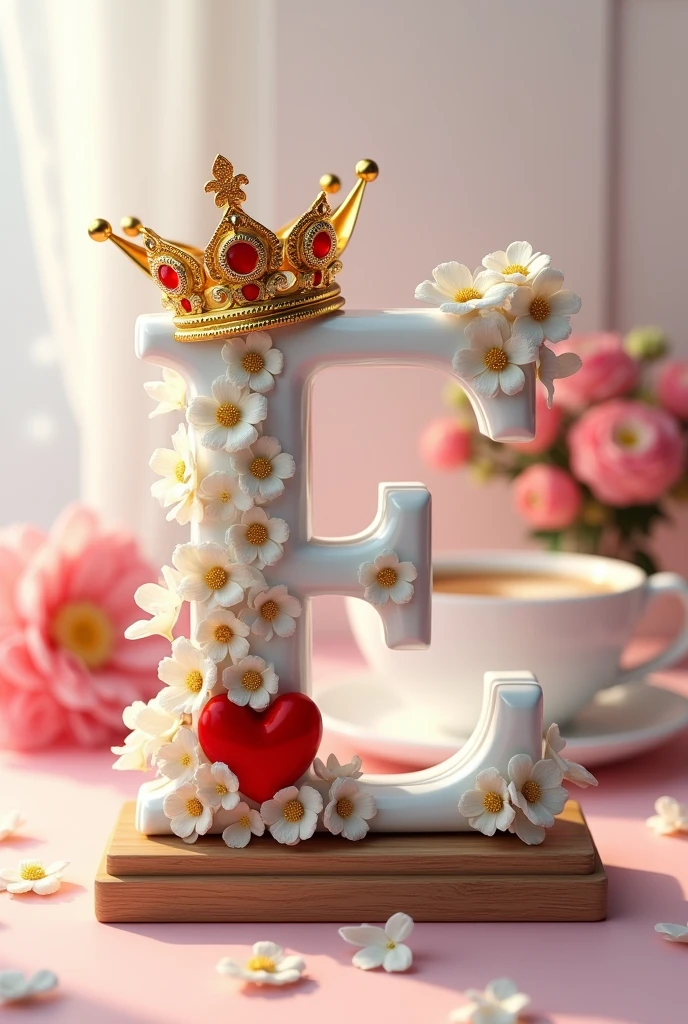 A 3D render of a white letter E with gold embellishments and small white flowers on a wooden base. The letter is adorned with a red heart and a gold British crown with red jewels. The background is blurred and features a cup of coffee and a bouquet of pink flowers. The image is styled to look like a beautiful, whimsical scene.