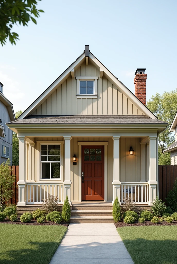 Create a house facade that is not a two-story house, Simpler, that is cheap to build, that has a cozy style.