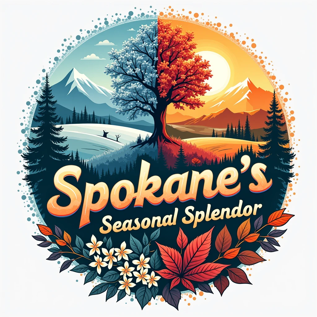 Design a T-shirt showcasing Spokane’s seasonal changes, with a divided design showing winter snow, spring blossoms, summer sunshine, and fall leaves. Use vibrant, seasonal colors for each section. Add "Spokane’s Seasonal Splendor" in a stylish, seasonal font.