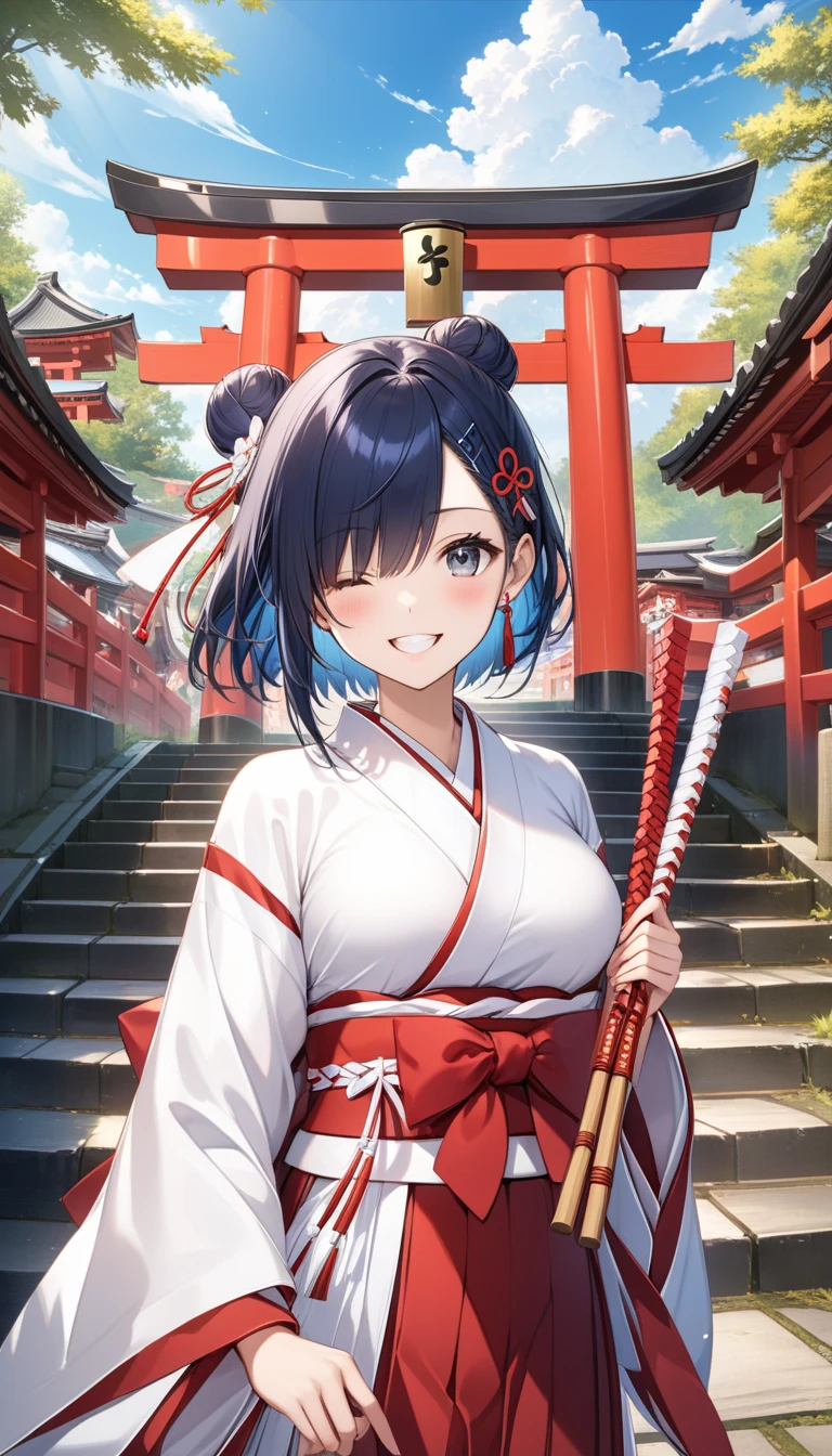 3girls, looking at viewer, blush, smile, open mouth, short hair, long sleeves, holding, medium breasts, standing, blue hair, :d, outdoors, japanese clothes, day, hairclip, fang, cloud, wide sleeves, hair bun, blue sky, tree, grey eyes, double bun, headphones, x hair ornament, hakama skirt, white kimono, stairs, miko, gohei, red hakama, hip vent, torii, shide, shrine, breasts, looking at viewer, blush, smile, black hair, long sleeves, holding, jewelry, standing, ponytail, sidelocks, hair bow, outdoors, japanese clothes, day, cloud, wide sleeves, necklace, grin, red bow, blue sky, grey eyes, cross, hakama skirt, white kimono, stairs, miko, gohei, red hakama, torii, shrine, long hair, looking at viewer, blush, smile, open mouth, long sleeves, holding, jewelry, medium breasts, standing, white hair, :d, outdoors, earrings, one eye closed, japanese clothes, day, wide sleeves, hair over one eye, grey eyes, ribbon trim, hakama skirt, ribbon-trimmed sleeves, white kimono, stairs, miko, gohei, red hakama, torii, shide, shrine, ((32k)), ((best quality)), ((ultra high res)), ((HDR)), ((UHD)), ((extremely detailed CG)), ((unity 32k wallpaper)),