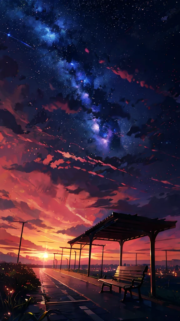 School bicycle parking、Urban townscape、anime, the sky, stars, the bench, the milky, the stars, the sky, the stars, the bench, the milky, the stars, the, cosmic skies. by makoto shinkai, anime sky, anime art wallpaper 4 k, anime art wallpaper 4k, anime art wallpaper 8 k, amazing wallpaper, with the sky full of stars