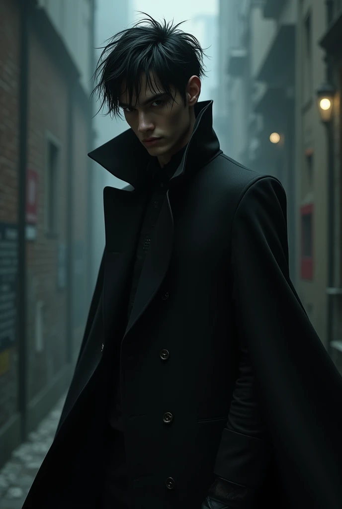 Create a male character with messy black hair and wearing a black overcoat .