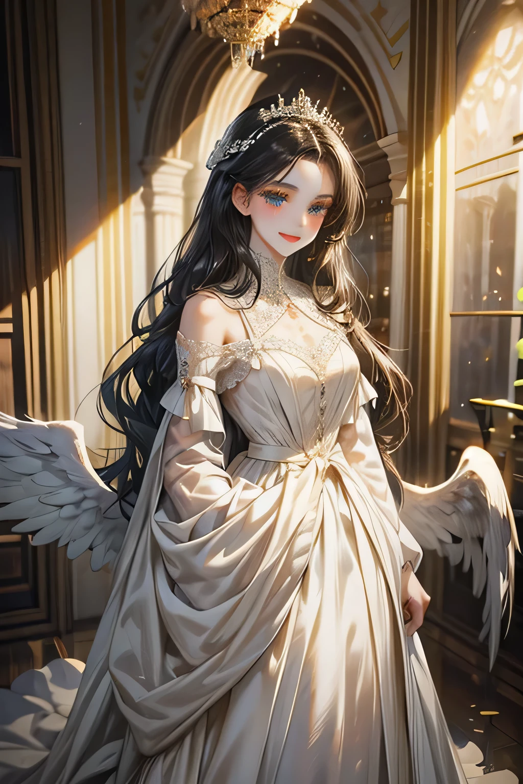 1Female, Long wavy black hair,gentle look, smile and charming, white angel wings, white lace gown, princess thick gown, standing in middle hallway palace, full body, blossom flower, royal palace, fair skin, perfect eyes, detailed faces and body, accurate, masterpiece