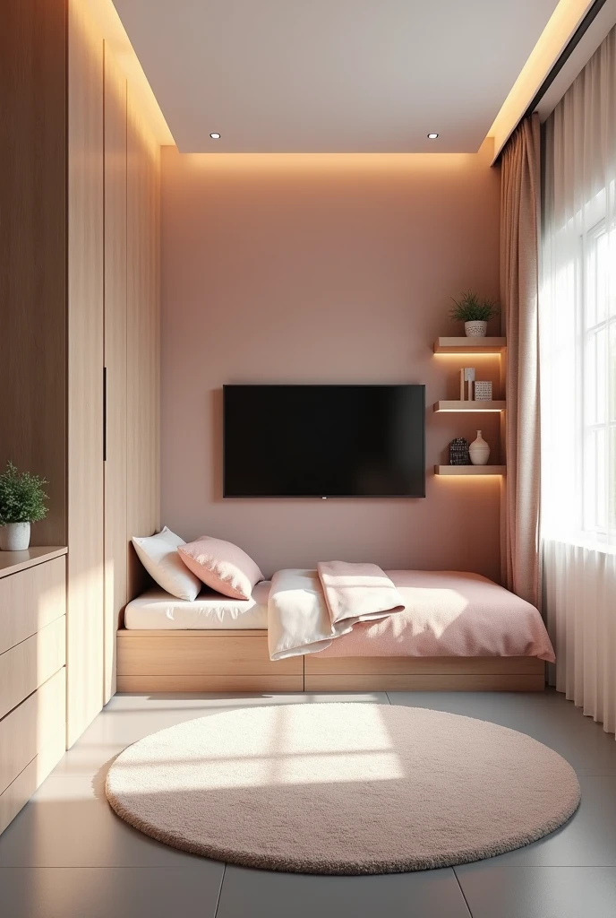 interior design, girl's room, modern ,gray floor , clean, wood , TV, single box bed, fitted wardrobe, curved carpet,render ultra realista , 8k ,4k , ultra-realista , Foto realista 