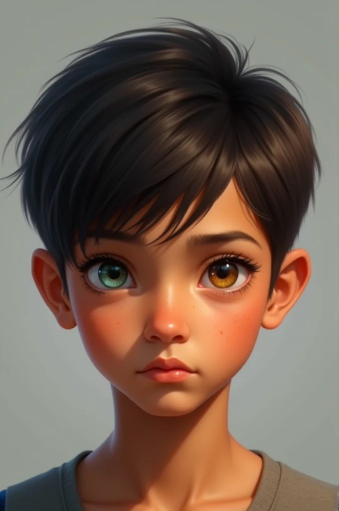 high resolution, masterpiece : 1,2), (realistic : 1,37), (best quality, high resolution, ultra-detailed girl, realistic) bébé garçon au teint hâlé aux cheveux Marrons très foncés presque noir et lisses. Il a les yeux de plusieurs couleurs : (ice blue, green, Marron, orange and amber). Il ne sourit pas.