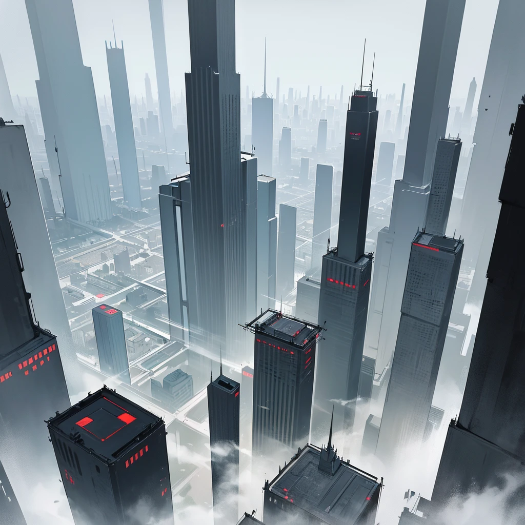 Landscape view of a large mega metropolis city with large buildings and skyscrapers of 900 meters in size. The buildings are made of black metal in black color, making the city have a retro futuristic style, super technologically advanced. ,with buildings of all kinds of shapes and forms and that also have a dystopian and utopia style
