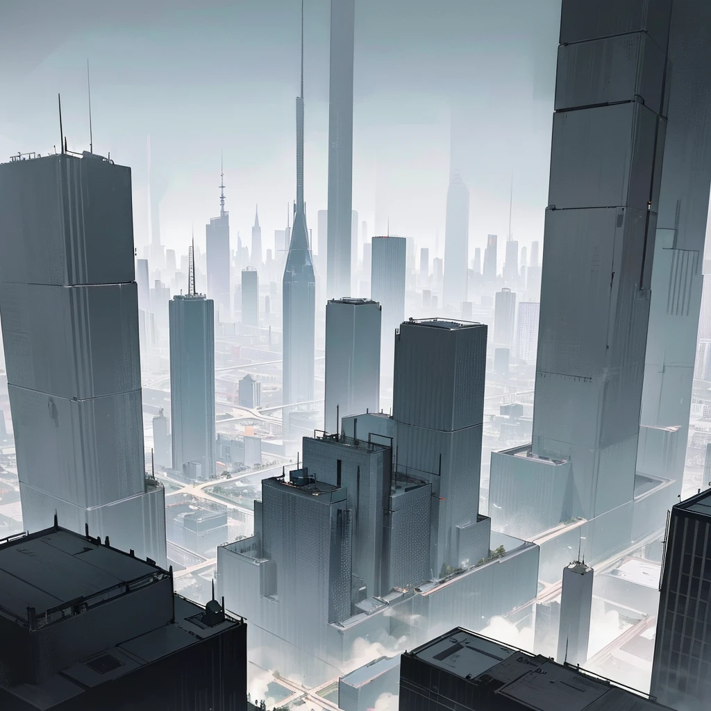 Landscape view of a large mega metropolis city with large buildings and skyscrapers of 900 meters in size. The buildings are made of black metal in black color, making the city have a retro futuristic style, super technologically advanced. ,with buildings of all kinds of shapes and forms and that also have a dystopian and utopia style