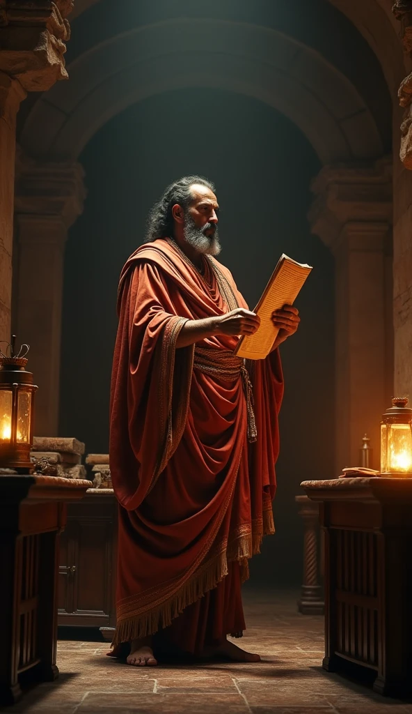 The teacher, dressed in flowing, richly adorned Greek robes, stands imposingly in the classroom’s shadowy depths. Bathed in the warm glow of flickering oil lamps, the teacher holds a meticulously detailed scroll or ancient book. Their stern, contemplative expression is accentuated by dramatic, high-contrast lighting that highlights the textures of their robes and the intricate details of the scroll. The ancient stone walls and minimalistic furnishings of the classroom, rendered in deep, cinematic colors, enhance the gravity of the scene and underscore the historical authenticity of the challenging examination.