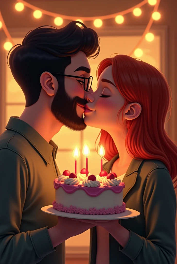 A young white man with very short black beard and glasses holding a birthday cake, and a red head young woman without glasses by his side kissing his cheek