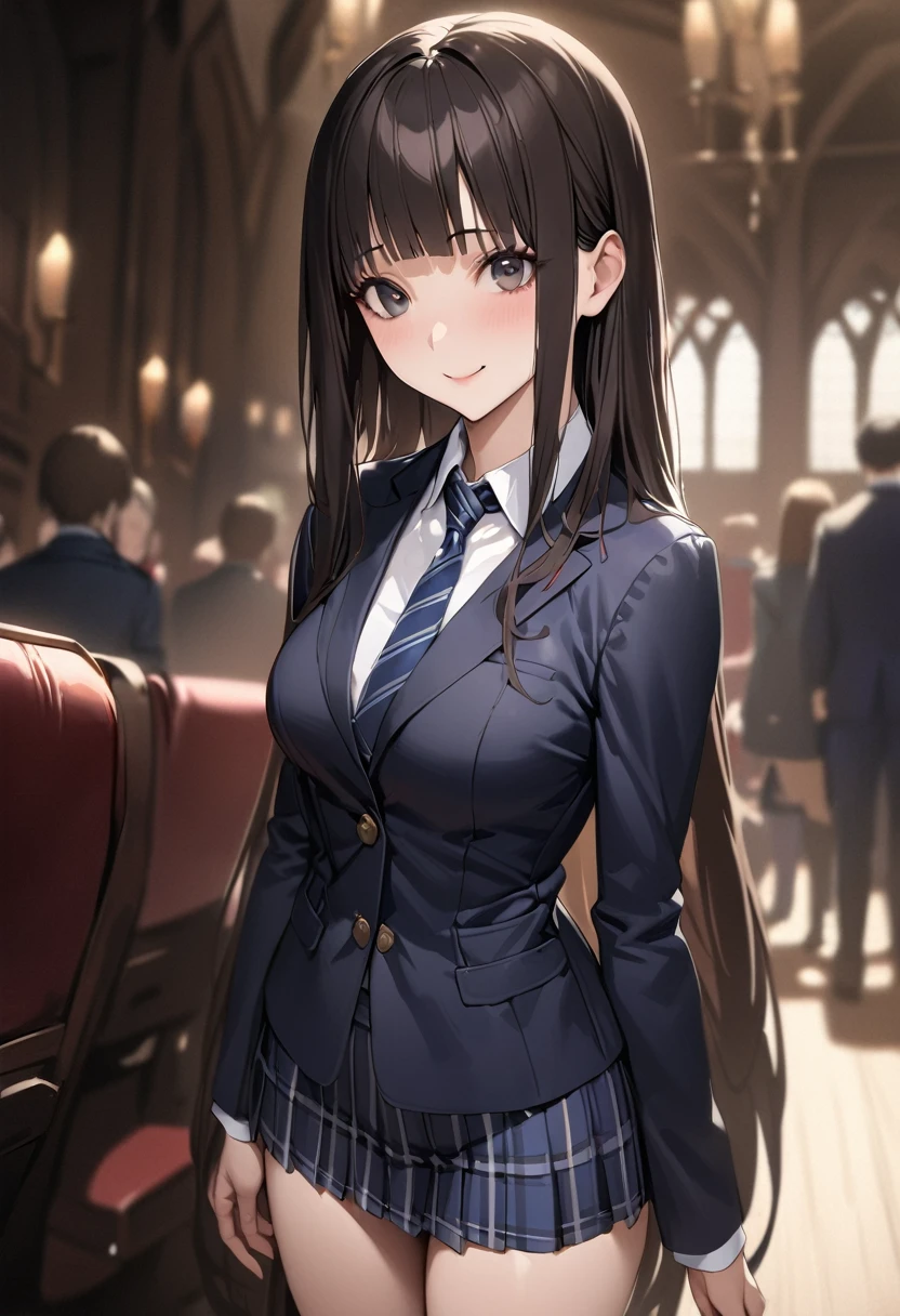 Fantasy art、((masterpiece,best quality anime,Highest quality:1.3)),realistic,portrait,cowboy shot,1woman,(Mature Beauty),((very small head:1.4)),((very long body:1.3)),long hair,black hair,bangs,(gorgeous big eyes),black eyes,smile,(School uniform、Dark blue blazer jacket、Navy blue tie、Dark blue plaid mini skirt),white collared shirt,((slender body:1.3,skinny:1.2)),medium breasts,standing,Large auditorium、Old school、Harry Potter World,