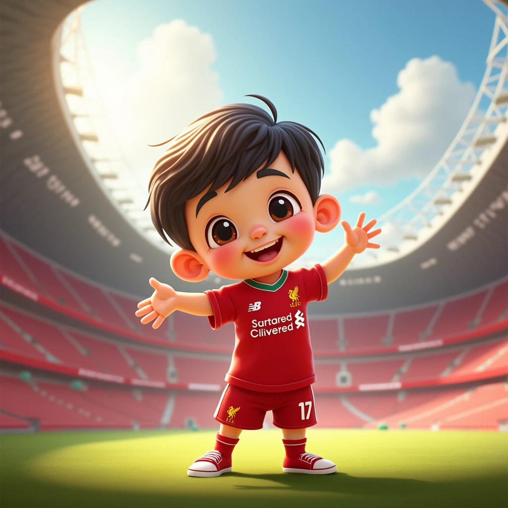Cute kid smiles in Disney cartoon style, bows in Thai style and wears Liverpool shirt. Standing in cartoon style. High quality dynamic photo, detailed and colorful. Realistic and colorful poses. Background is Andfield stadium.