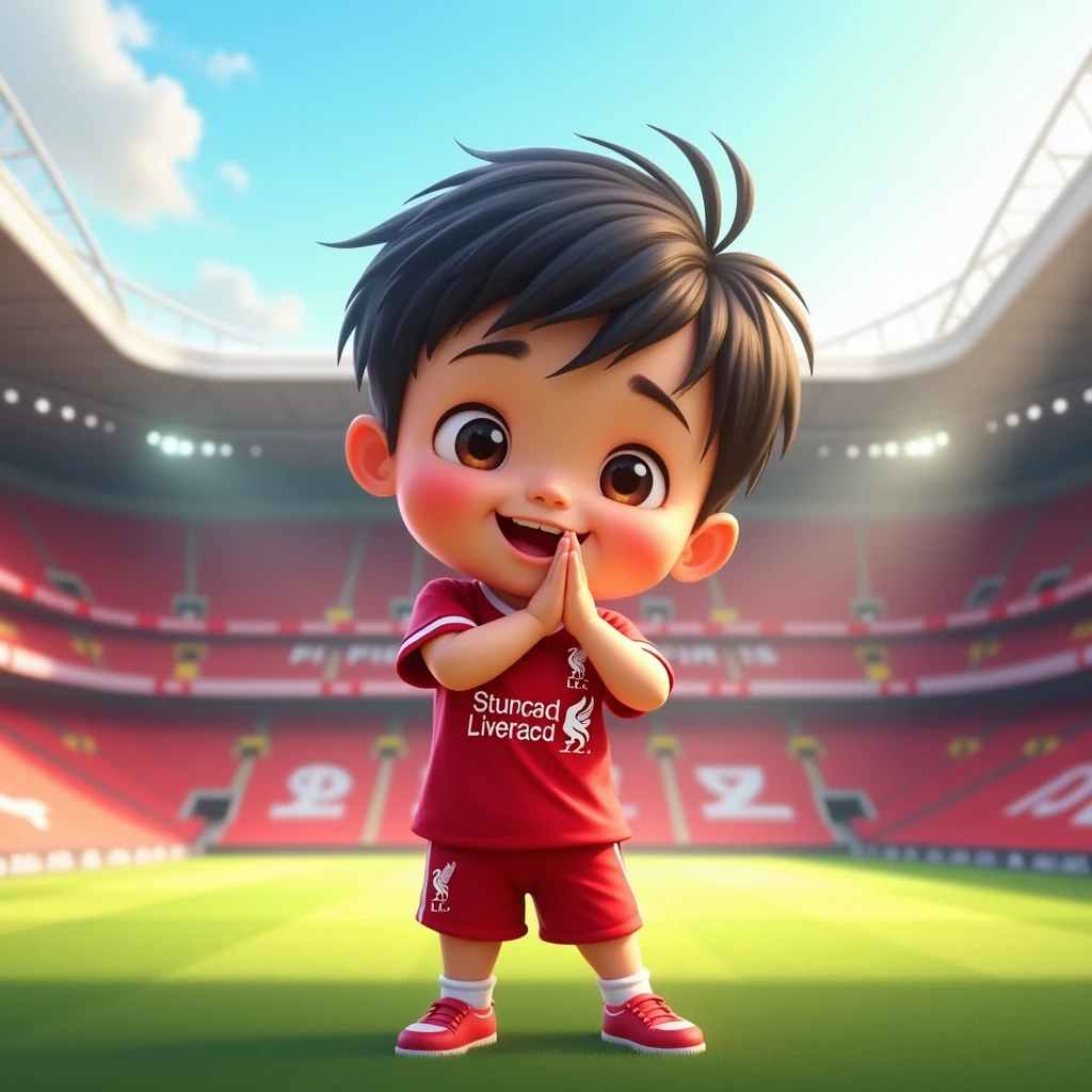 Cute kid smiles in Disney cartoon style, bows in Thai style and wears Liverpool shirt. Standing in cartoon style. High quality dynamic photo, detailed and colorful. Realistic and colorful poses. Background is Andfield stadium.