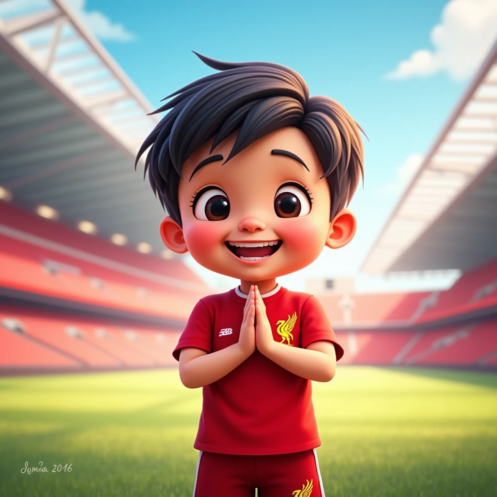Cute kid smiles in Disney cartoon style, bows in Thai style and wears Liverpool shirt. Standing in cartoon style. High quality dynamic photo, detailed and colorful. Realistic and colorful poses. Background is Andfield stadium.