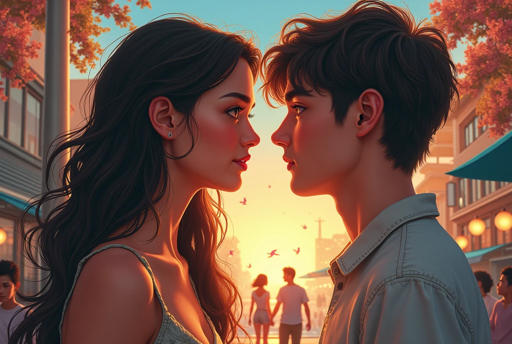 Long hair, 1 girl, looking at a boy through a bus window now the two of them are in a school cafeteria now the two of them are in an amusement park now at the cinema watching a movie now the two of them with friends on a trip to the beach