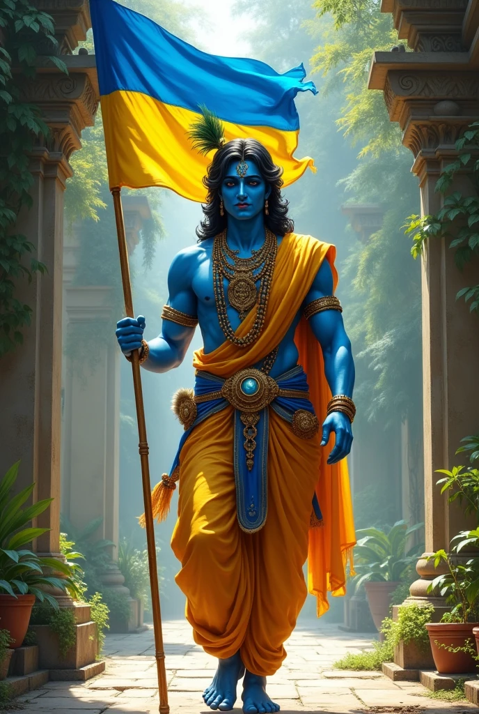 Krishna blue skin walking in his left hand having ukrain flag