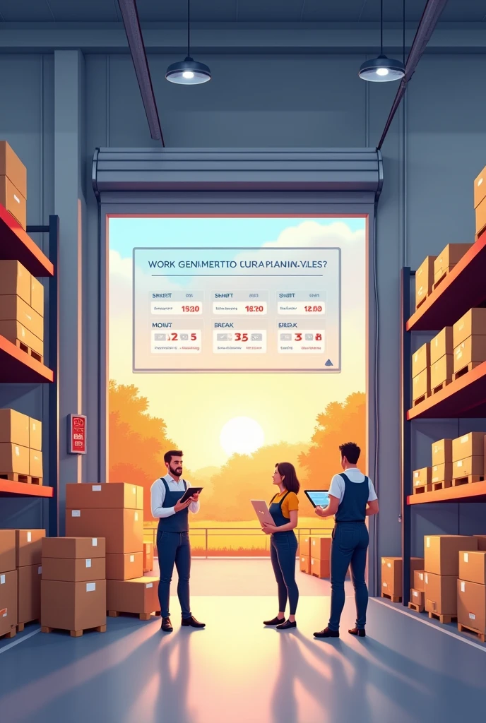 A professional and realistic image illustrating a well-structured work schedule at a fulfillment center that supports a healthy work-life balance. The scene shows employees in a modern, organized warehouse environment, efficiently completing their tasks with a clear schedule visible on a digital display or wall-mounted board. The schedule highlights shift timings, breaks, and end-of-day hours, emphasizing the company's commitment to respecting personal time. Outside the warehouse windows, a glimpse of a peaceful park or sunset symbolizes the balance between work and personal life. The workers appear focused but relaxed, reflecting a harmonious blend of productivity and personal well-being.