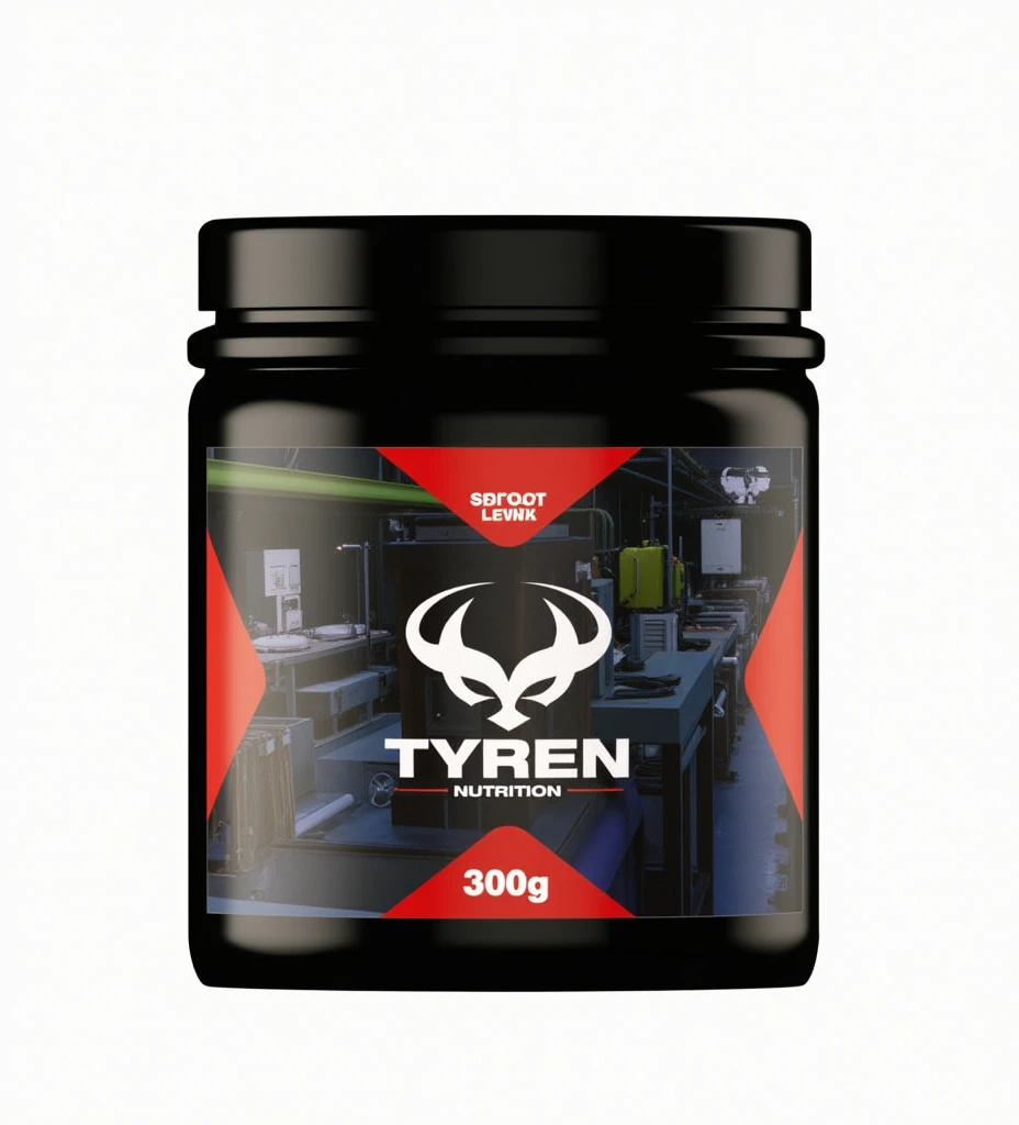 A dark factory where sports nutrition is produced, 300g plastic jars, black too, with a Tyren nutrition logo, let them show the mat, several machines, no need for now