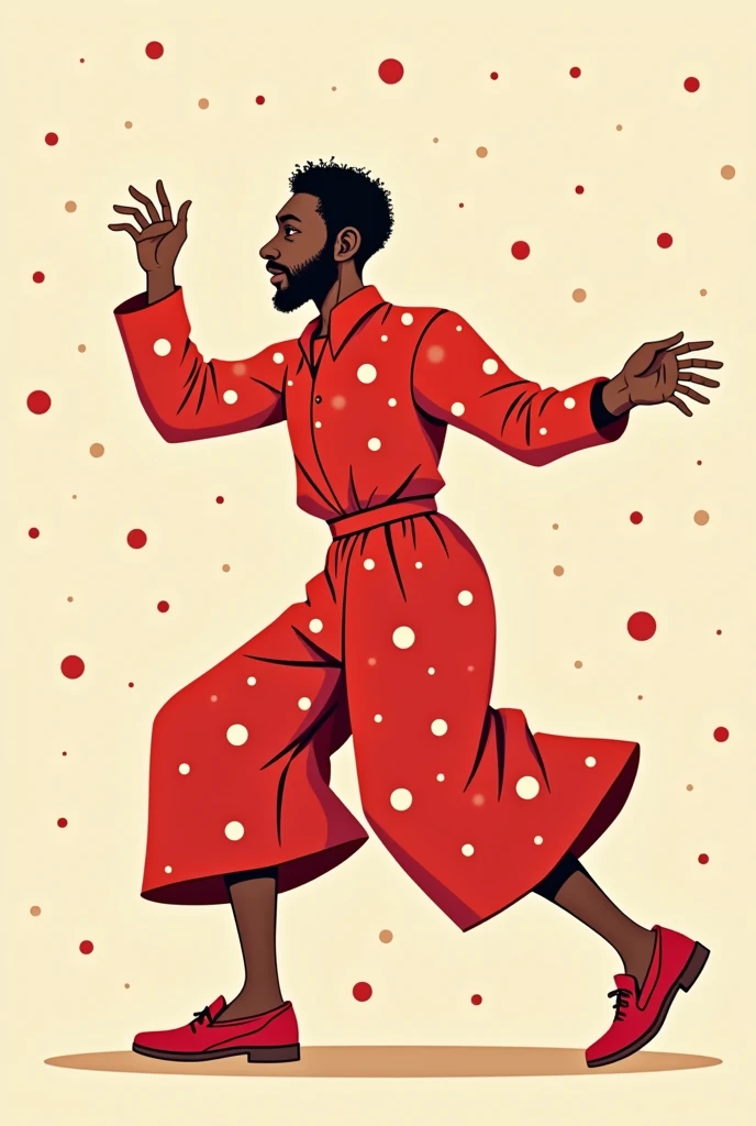 I want to create an illustration where I meet a somewhat African-American man with red clothes and white dots, "dancing celebration", that has fine features, Keep the illustration as simple as possible with stroke and fill