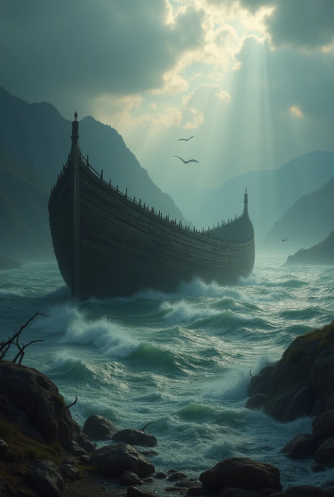 realistic image of noah's ark on mount ararat, down below a lot of water, floating branches, The day is dark with clouds but the sun is shining, bleak tone, ark made of wooden logs