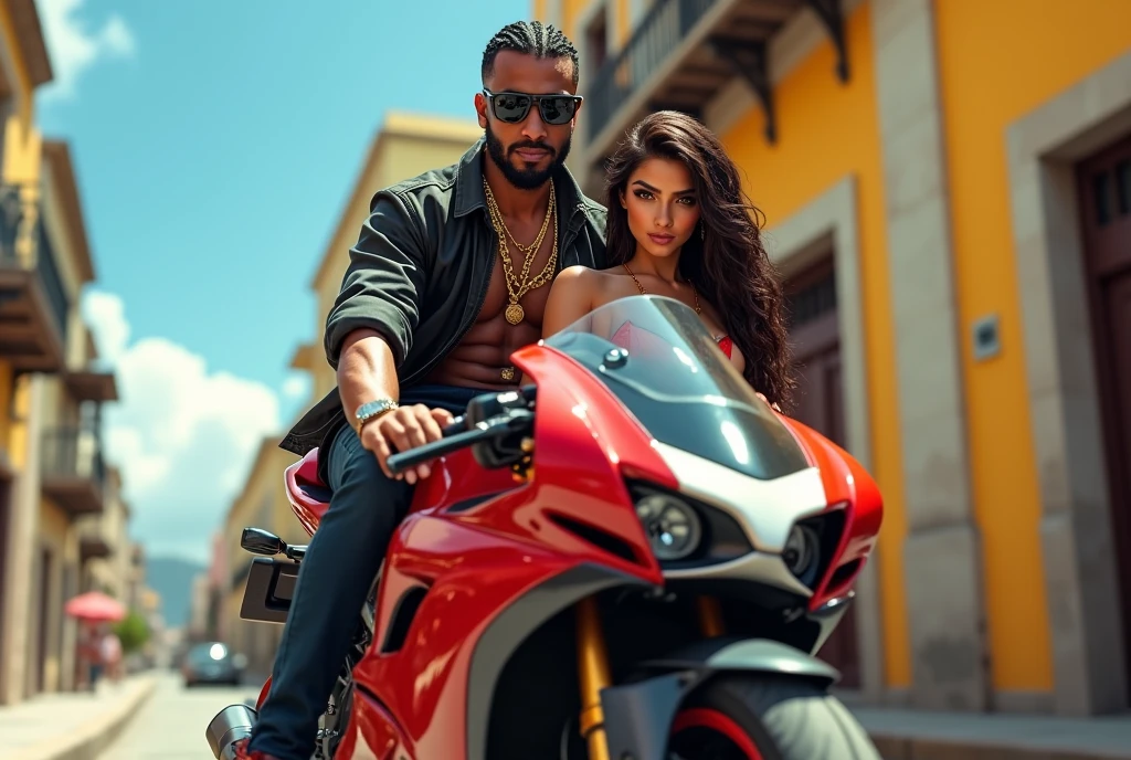 1man puerto rican ((dark skin)) gta style in old san juan beard braids nice edge up gold chains gold esrings full body  portrait((,animation)) hands in pocket urban clothing black and red riding a nice sports motorcycle woth a sexy lady on motorcycle sexy micro clothing focus on ((lady big butt))