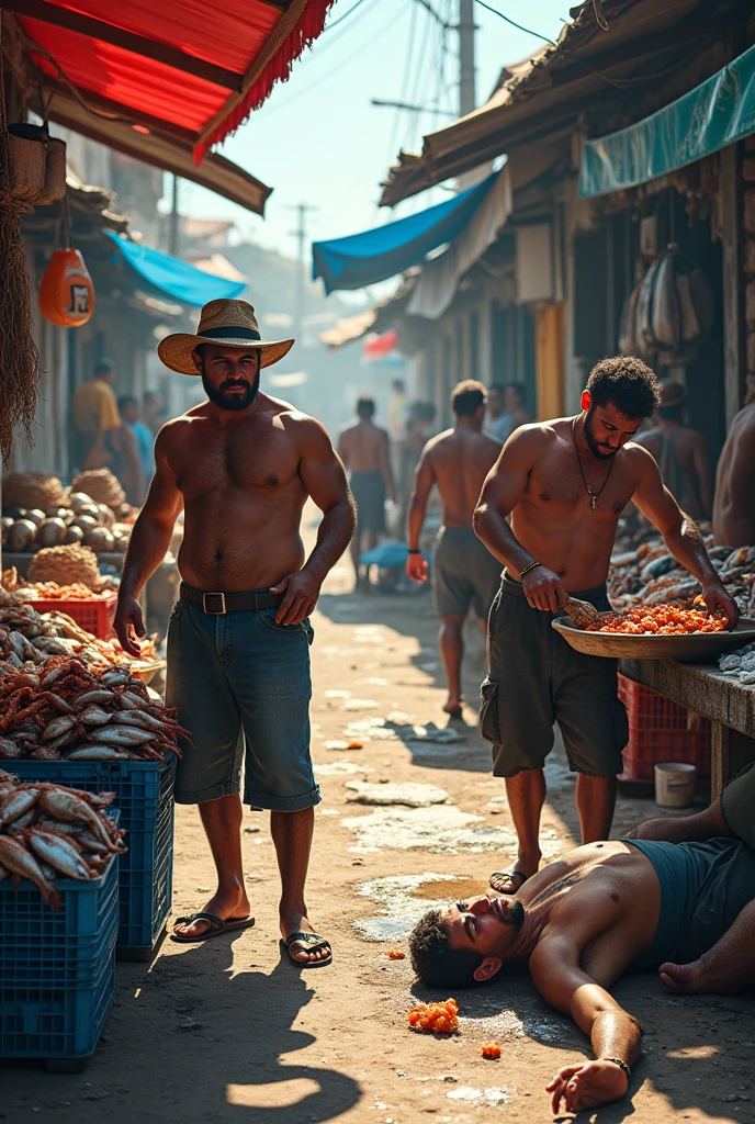 A scene from the local market in Tumaco, full of life, with fishermen offering their fresh merchandise. However, in a corner, a person collapses, showing obvious signs of illness: pale skin and red eyes