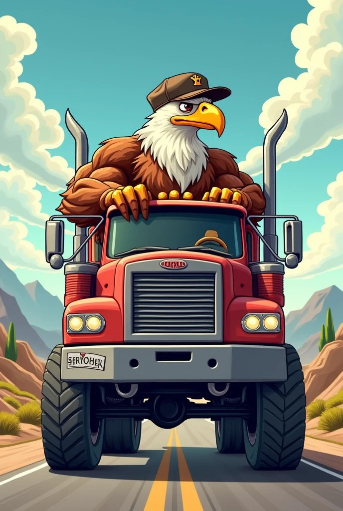 Generate a cartoonish image of a muscular eagle driving a truck viewed from the outside