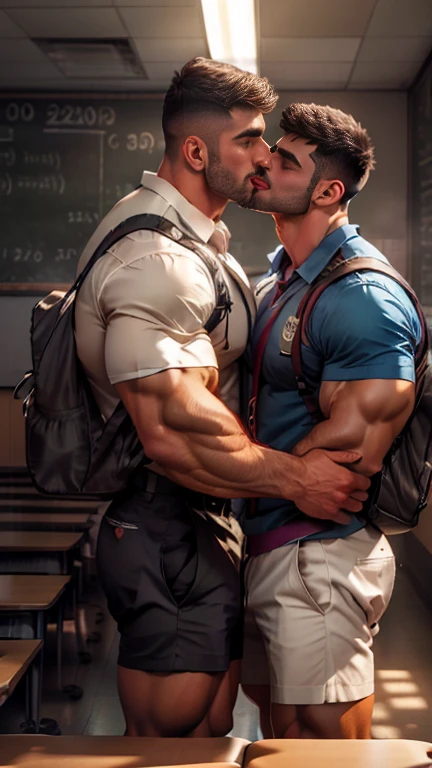 indian gay couple kissing in school, 30 years old beared man teacher kissing with 1 school uniform boy , realistic, hd, hdr, D750F nikon camera photography, hot kissing