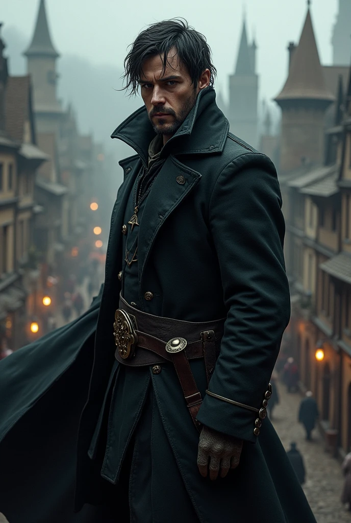 Create a male character with messy black hair and wearing a black overcoat in a medieval RPG .