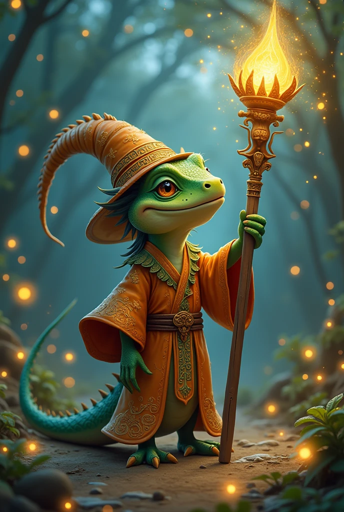 Smiling Lizard Wizard ,with a staff in his hands and fireflies around him and Asian clothes