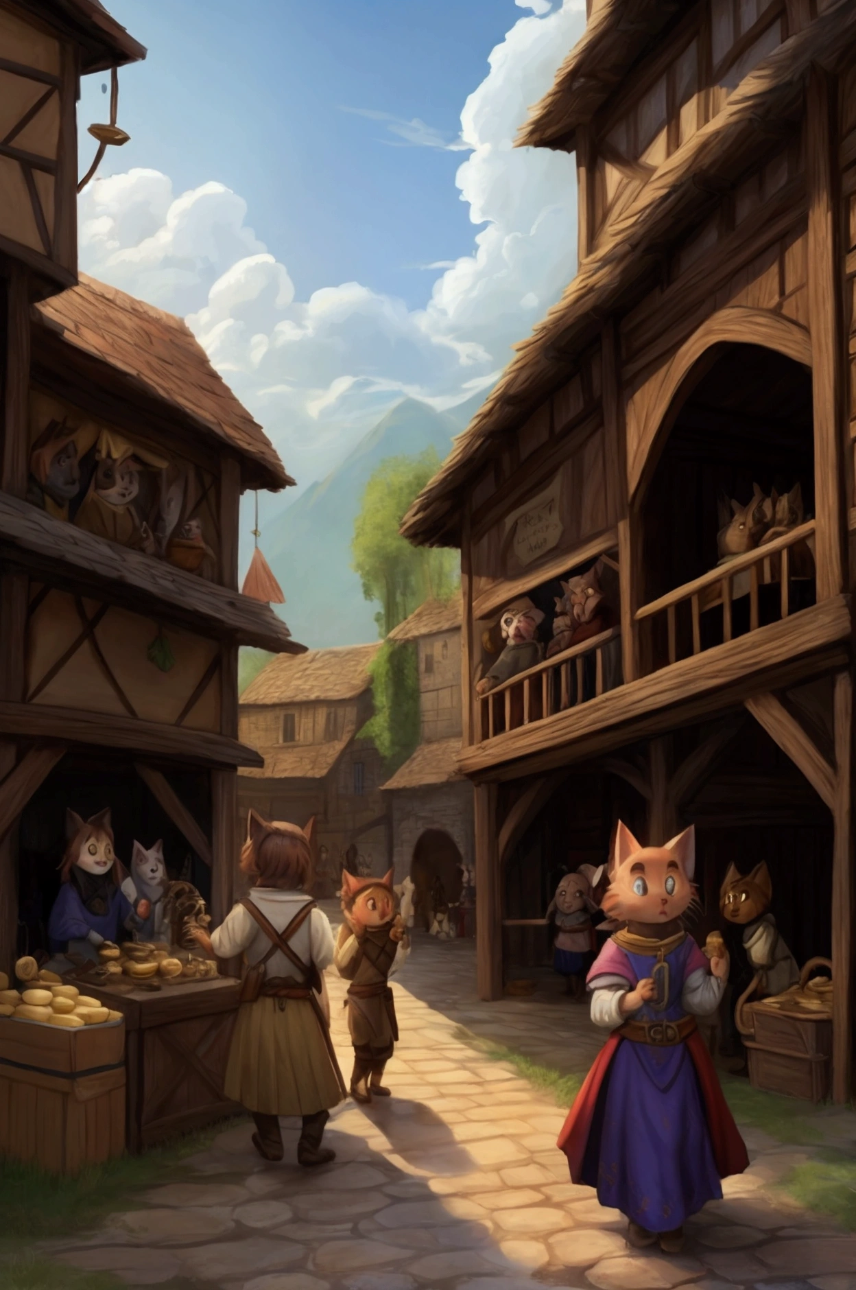 Medieval market with very high prices, Surprised and confused cat villagers holding useless coins