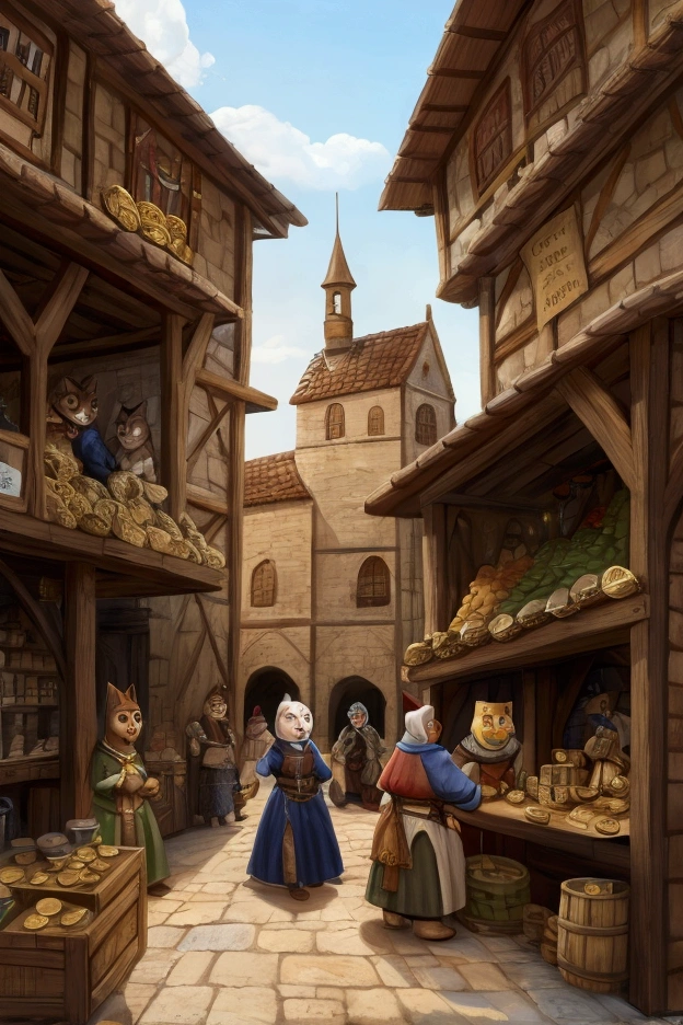 Medieval market with very high prices, Surprised and confused cat villagers holding useless coins