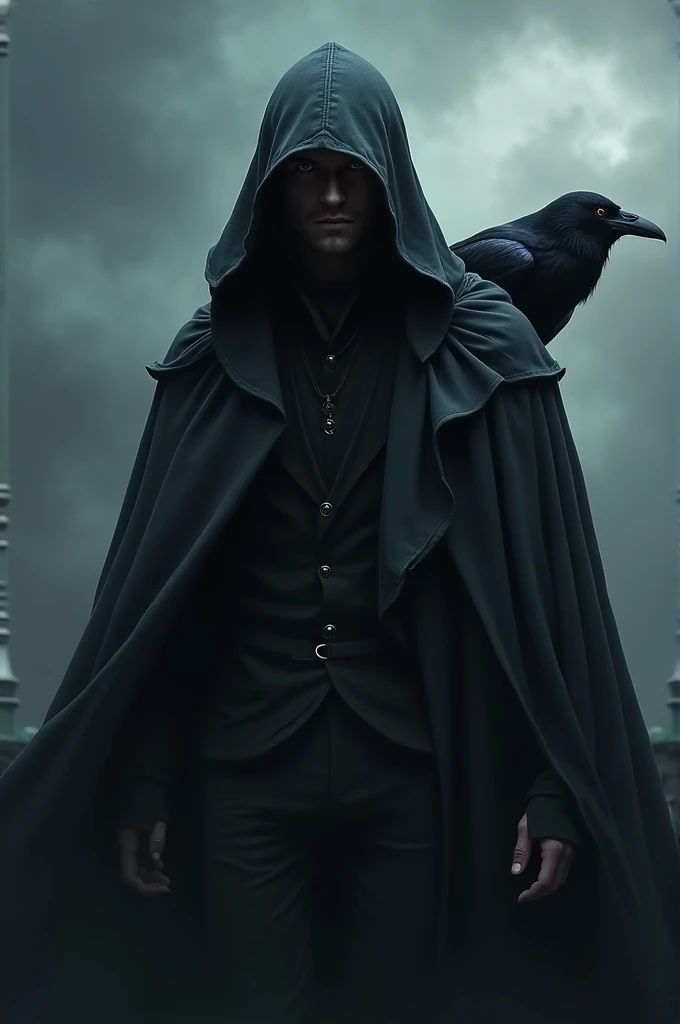 Mysterious man with hood and raven