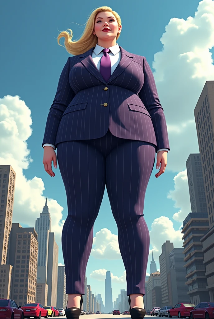 (photorealism:1.2), young , beautiful bbw schoolgirl a massive curvy blonde ponytail red lips wearing a perfect dark purple pinstripe suit with a thick purple tie large collar large breasts. Platform high heels , standing, giantess art, highly detailed giantess shots, giantess, most detailed, perfect face, Two legs, Five fingers, short hair, A high school girl who is bigger than a skyscraper, standing on very small city, skyscarpers at their feet, skyscrapers small, smile, huge breasts, major metropolis, numerous Destroying cities, Under heavy attack, A very small big city, Miniature metropolis, Full body description, GTS, giga giantess, gigagts, stomping city, crash city, tiny city, micro city, , High resolution, highest quality, masterpiece,  view looking down from a plane. 